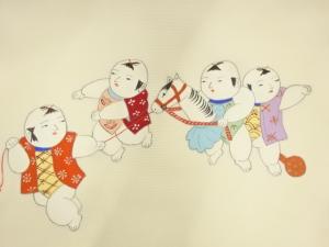 アンティーク　塩瀬御所人形模様名古屋帯（材料）